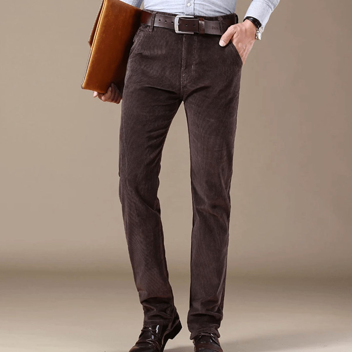 Men's Cord Straight Cut Slim Trousers - Dark Brown