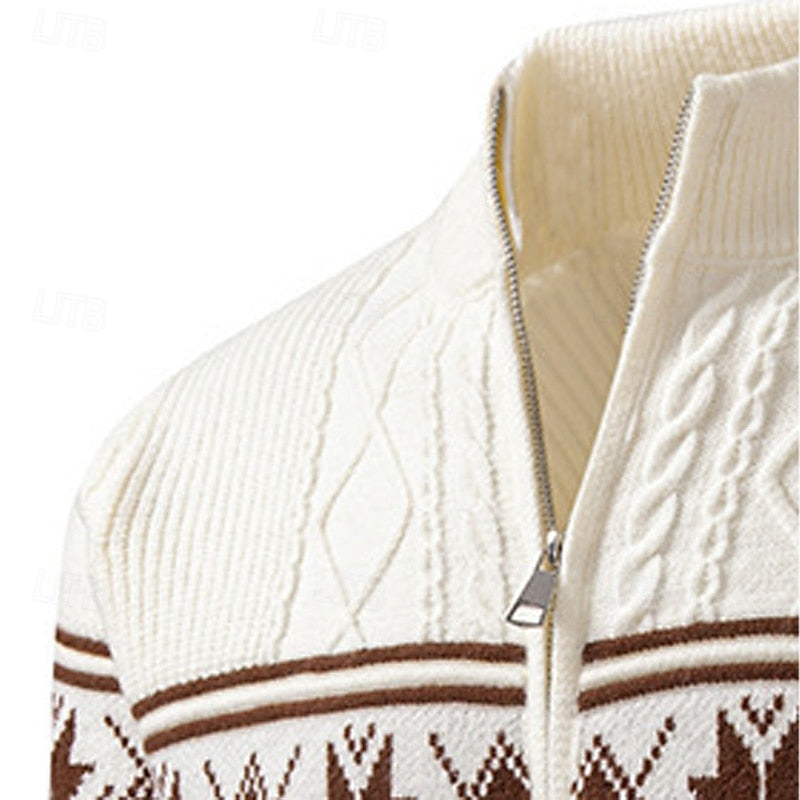Women's Patterned Knit Zip-Through Cardigan with High Collar