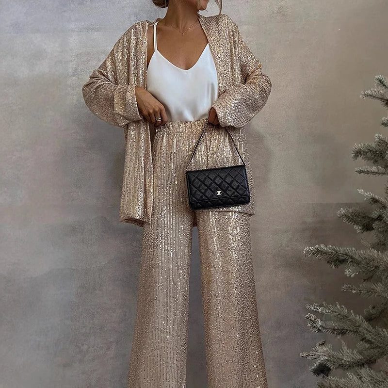 Women's Shimmer Knit Cardigan and Palazzo Trouser Party Two-Piece