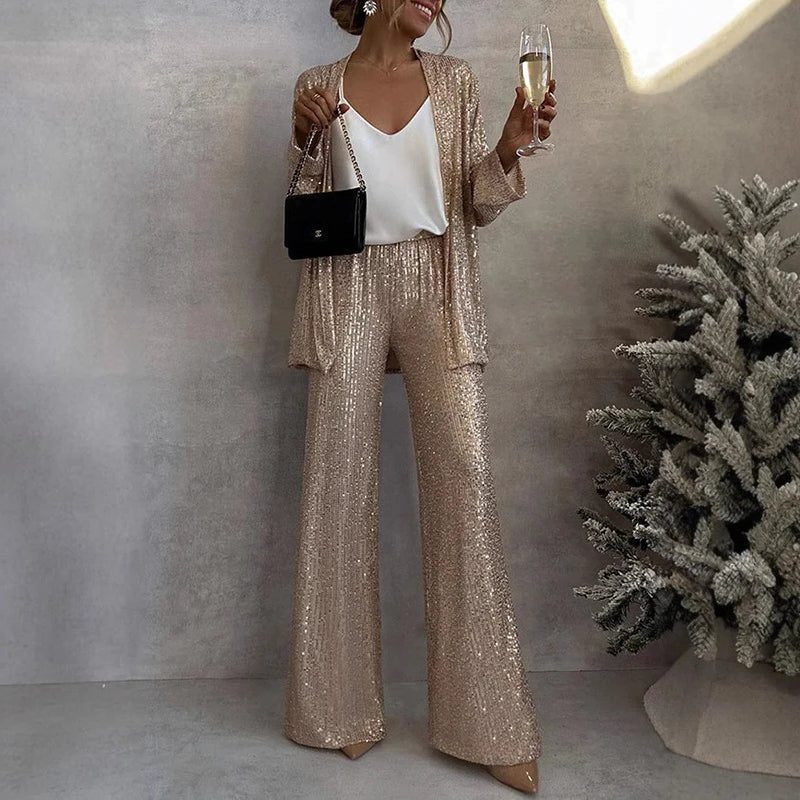 Women's Shimmer Knit Cardigan and Palazzo Trouser Party Two-Piece