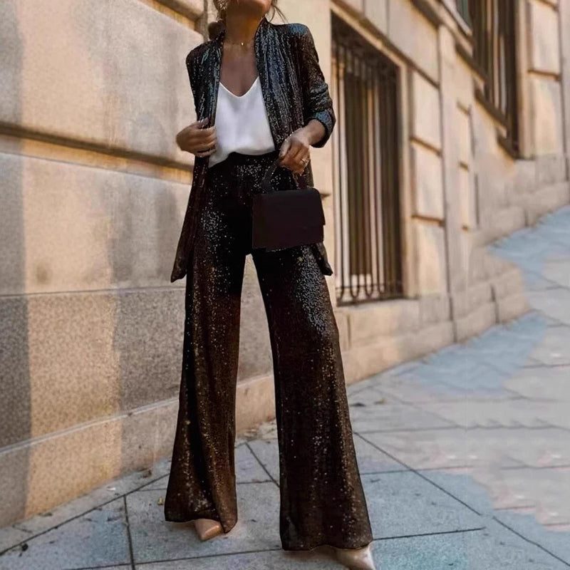 Women's Shimmer Knit Cardigan and Palazzo Trouser Party Two-Piece