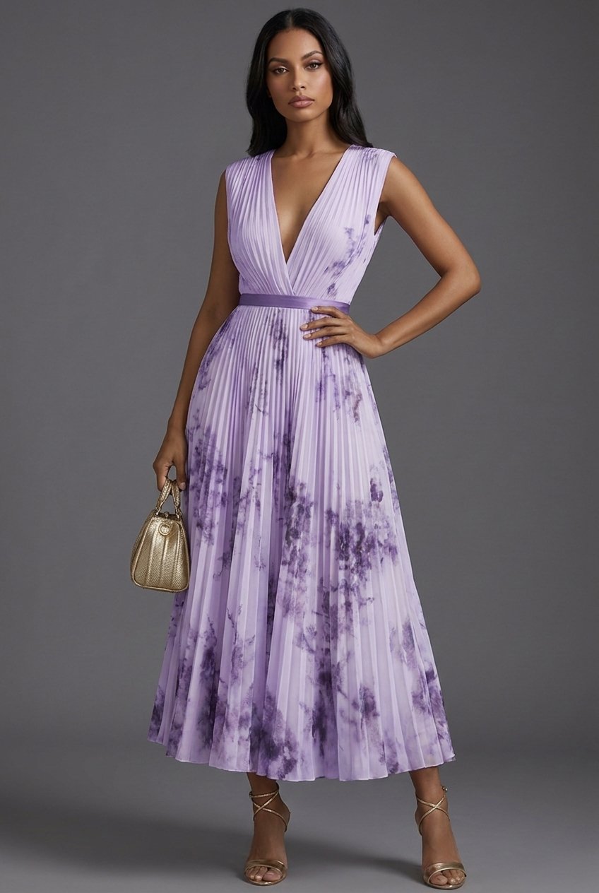 Women's Mother of the Bride Dress Pleated Floral V-Neck