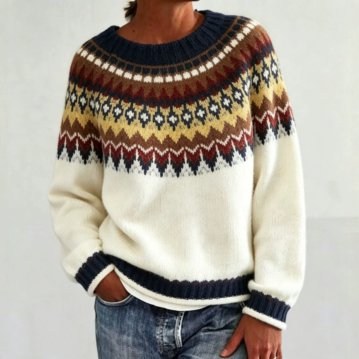 Women's Patterned Yoke Crew Neck Pullover in Extended Sizes