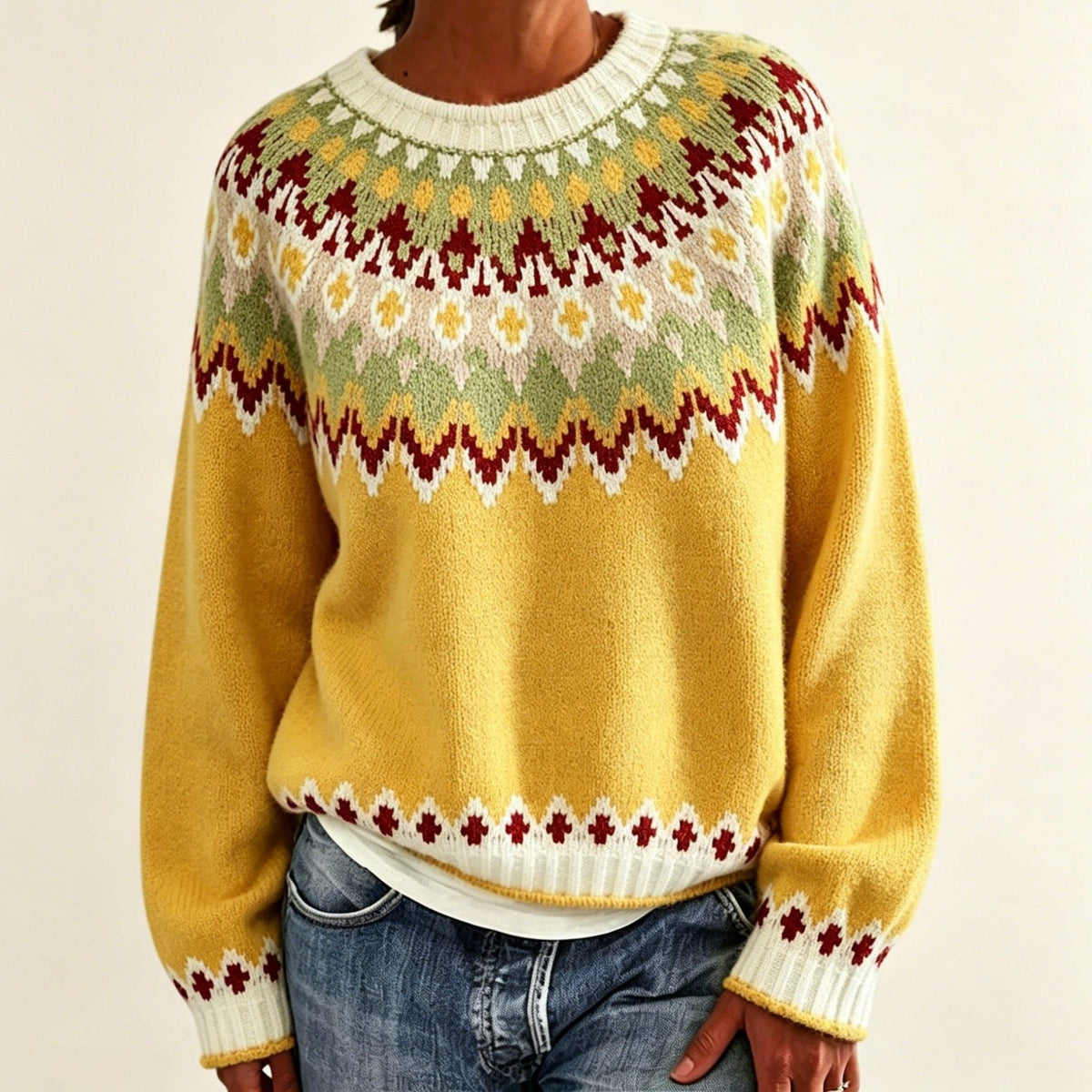Women's Patterned Yoke Crew Neck Pullover in Extended Sizes - Yellow