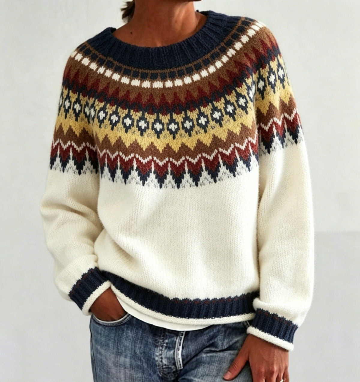 Women's Patterned Yoke Crew Neck Pullover in Extended Sizes - Cream