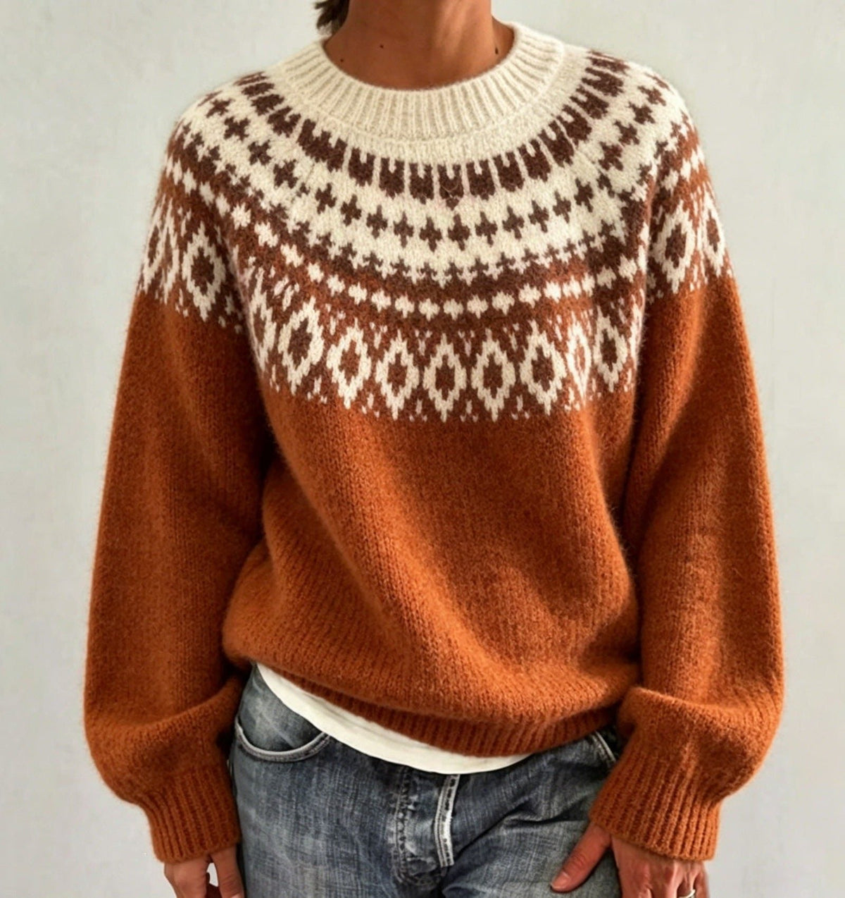 Women's Patterned Yoke Crew Neck Pullover in Extended Sizes - Brick Red