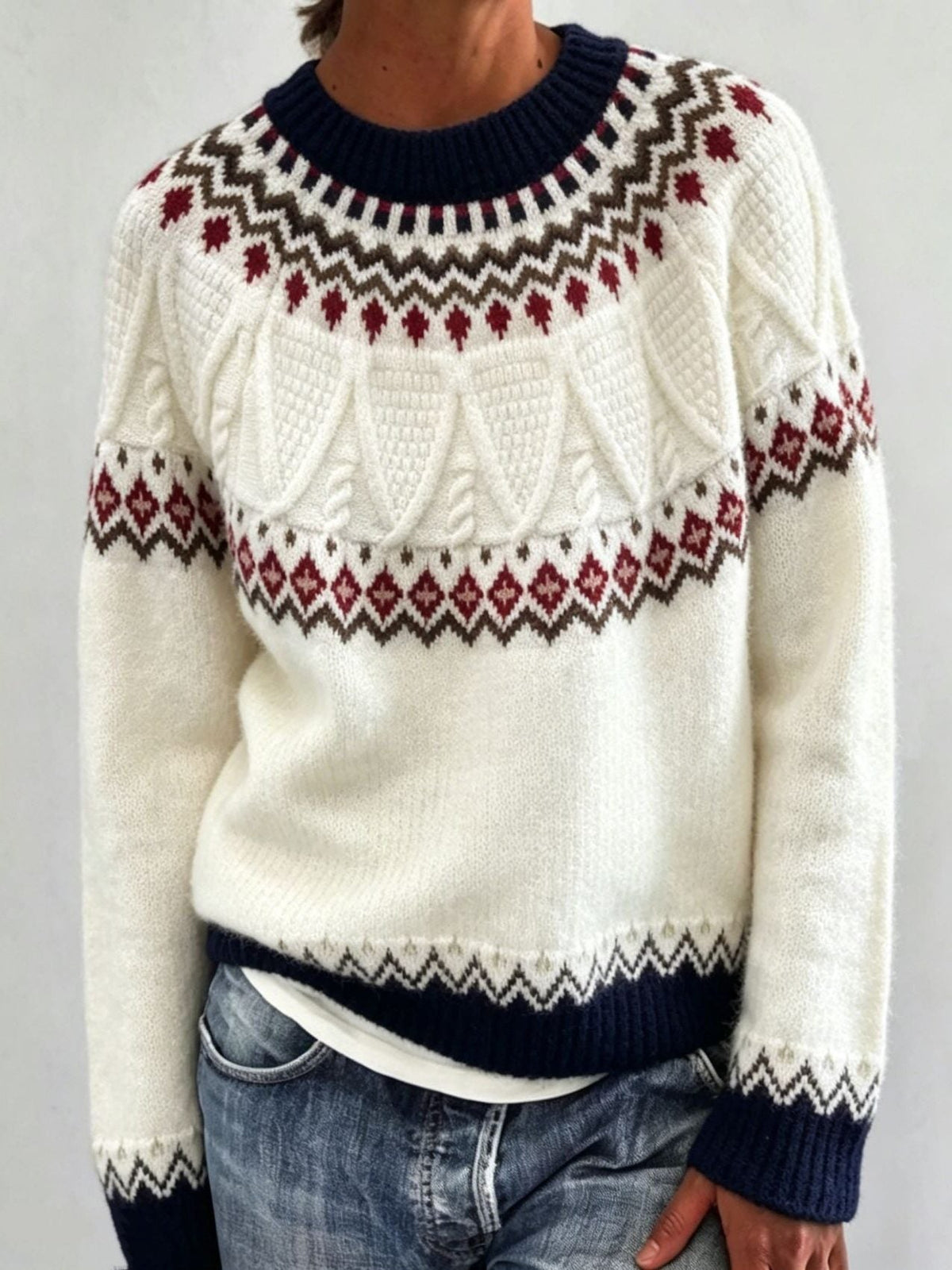 Women's Patterned Yoke Crew Neck Pullover in Extended Sizes - Cream White