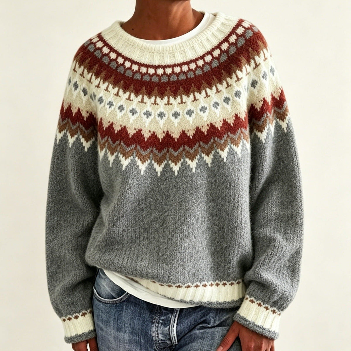 Women's Patterned Yoke Crew Neck Pullover in Extended Sizes - Cream Grey