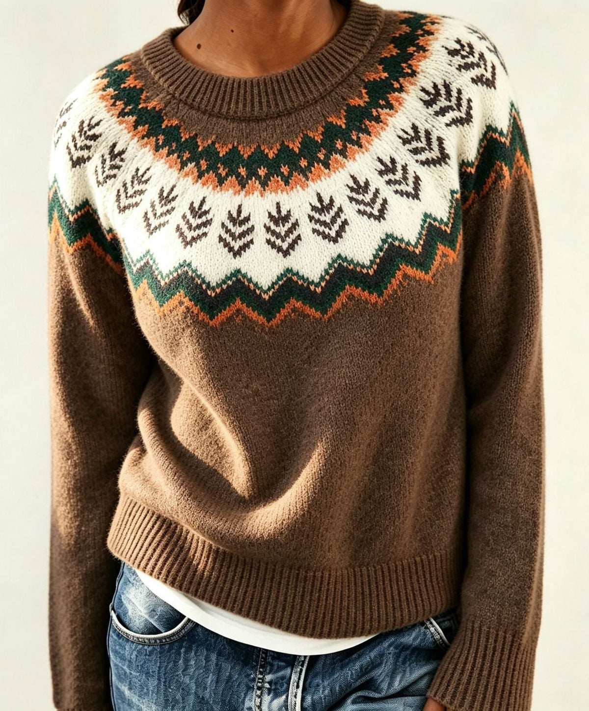 Women's Patterned Yoke Crew Neck Pullover in Extended Sizes - Brown