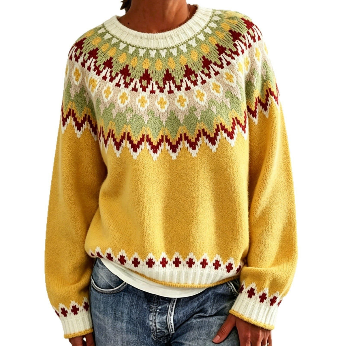 Women's Patterned Yoke Crew Neck Pullover in Extended Sizes