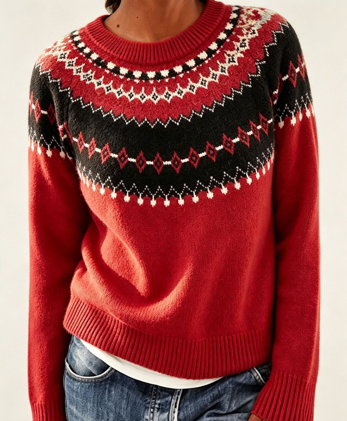 Women's Patterned Yoke Crew Neck Pullover in Extended Sizes - Red