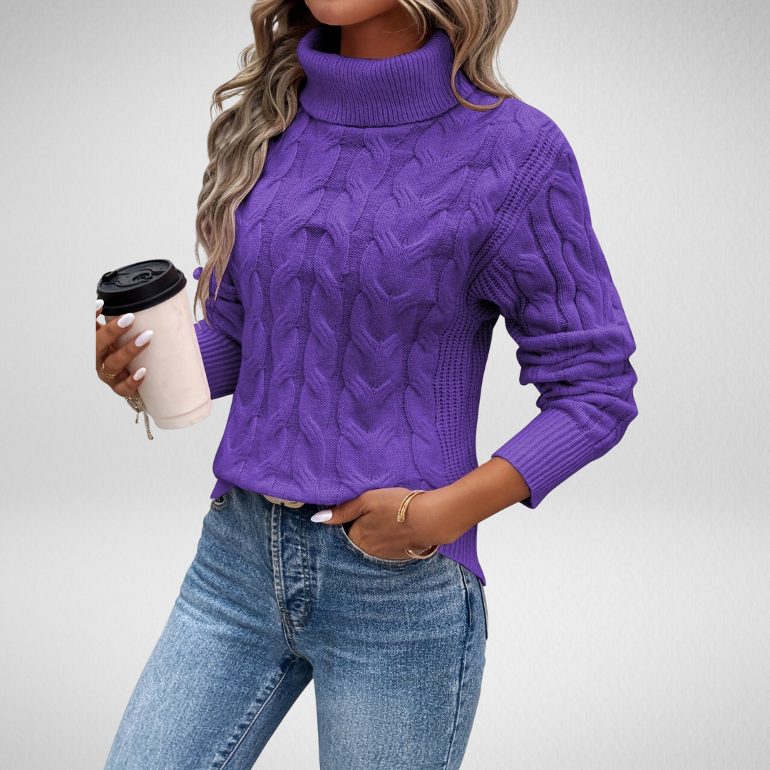 Women's Cable Knit Turtleneck Sweater in Beige