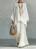 Women's Relaxed Linen Two-Piece with Loose Tunic Top - White