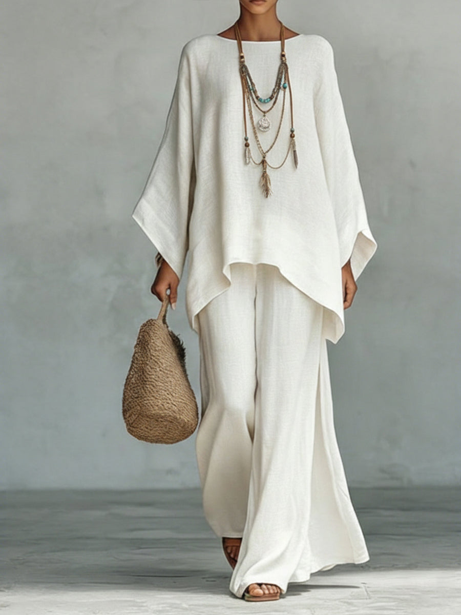 Women's Relaxed Linen Two-Piece with Loose Tunic Top - White
