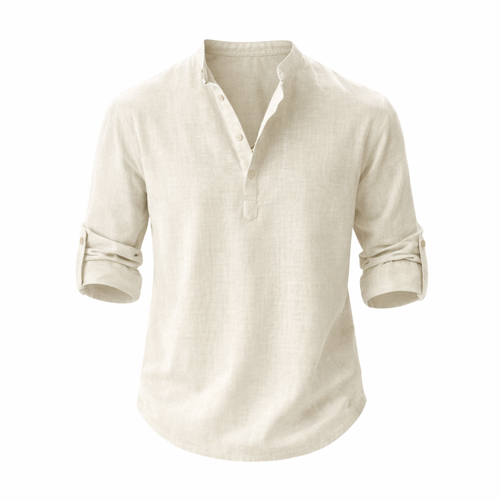 Men's Linen Shirt Stand Collar Roll Sleeve Casual Top