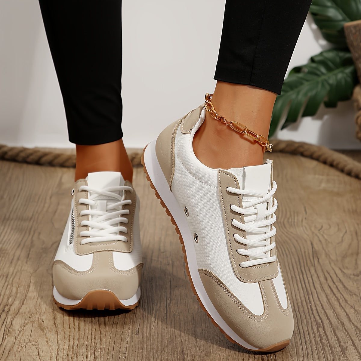 Women's Mixed-Texture Cushioned Lace-Up Trainers with Lift - Beige - White