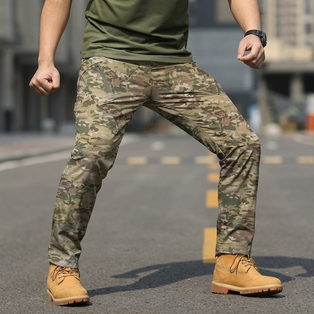 Men's Water-Repellent Utility Cargo Trousers - Green Camouflage