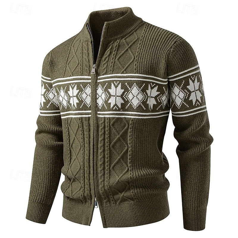 Women's Patterned Knit Zip-Through Cardigan with High Collar - Military Green
