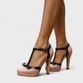 Women's Evening T-Bar Platform Heels with Contrast Bow - Pink