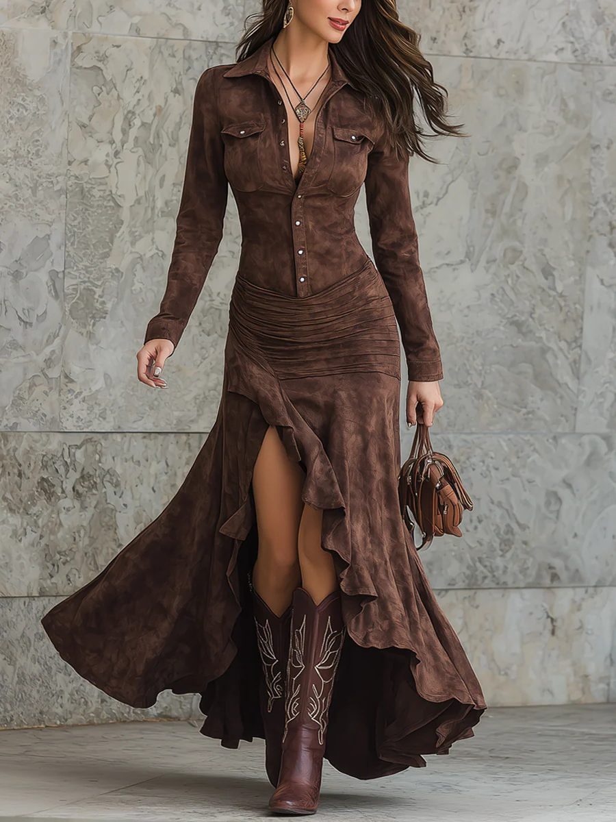 Women's Collared Suede Maxi Dress with Leg Split - Brown
