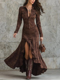 Women's Collared Suede Maxi Dress with Leg Split - Brown