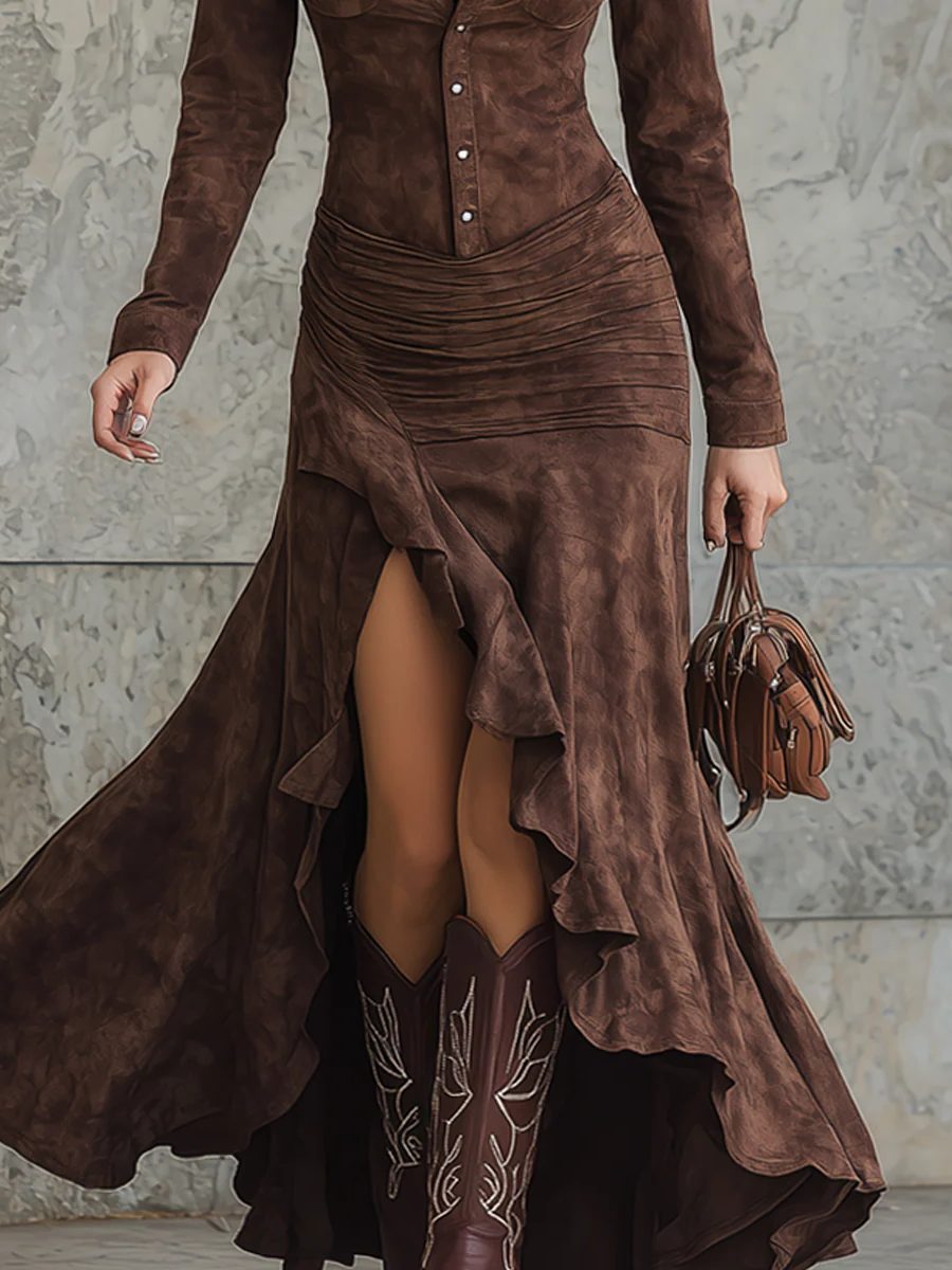 Women's Collared Suede Maxi Dress with Leg Split