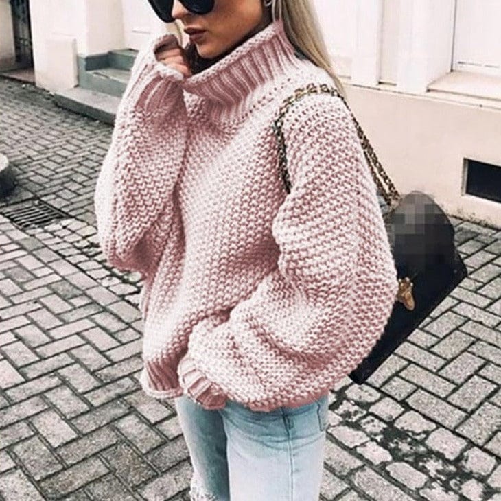 Women's Oversized Chunky Knit Turtleneck Sweater in Light Pink