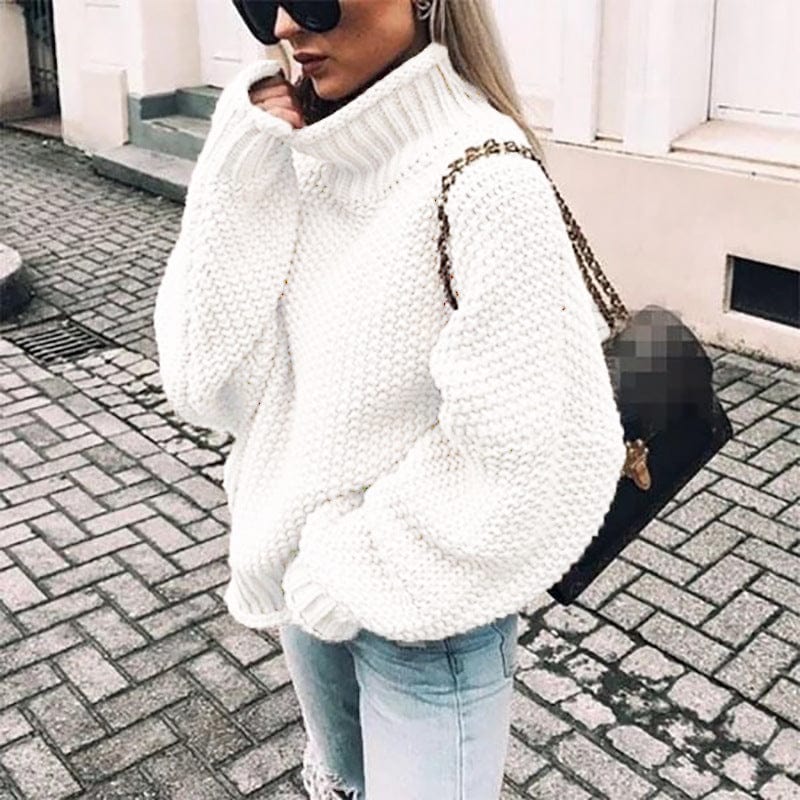 Women's Oversized Chunky Knit Turtleneck Sweater in Light Pink