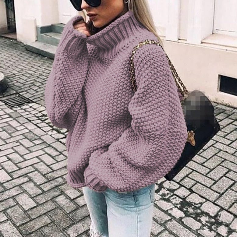 Women's Oversized Chunky Knit Turtleneck Sweater in Light Pink