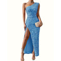 Women's Sparkle Single Strap Maxi Gown with Leg Split - Blue Sky