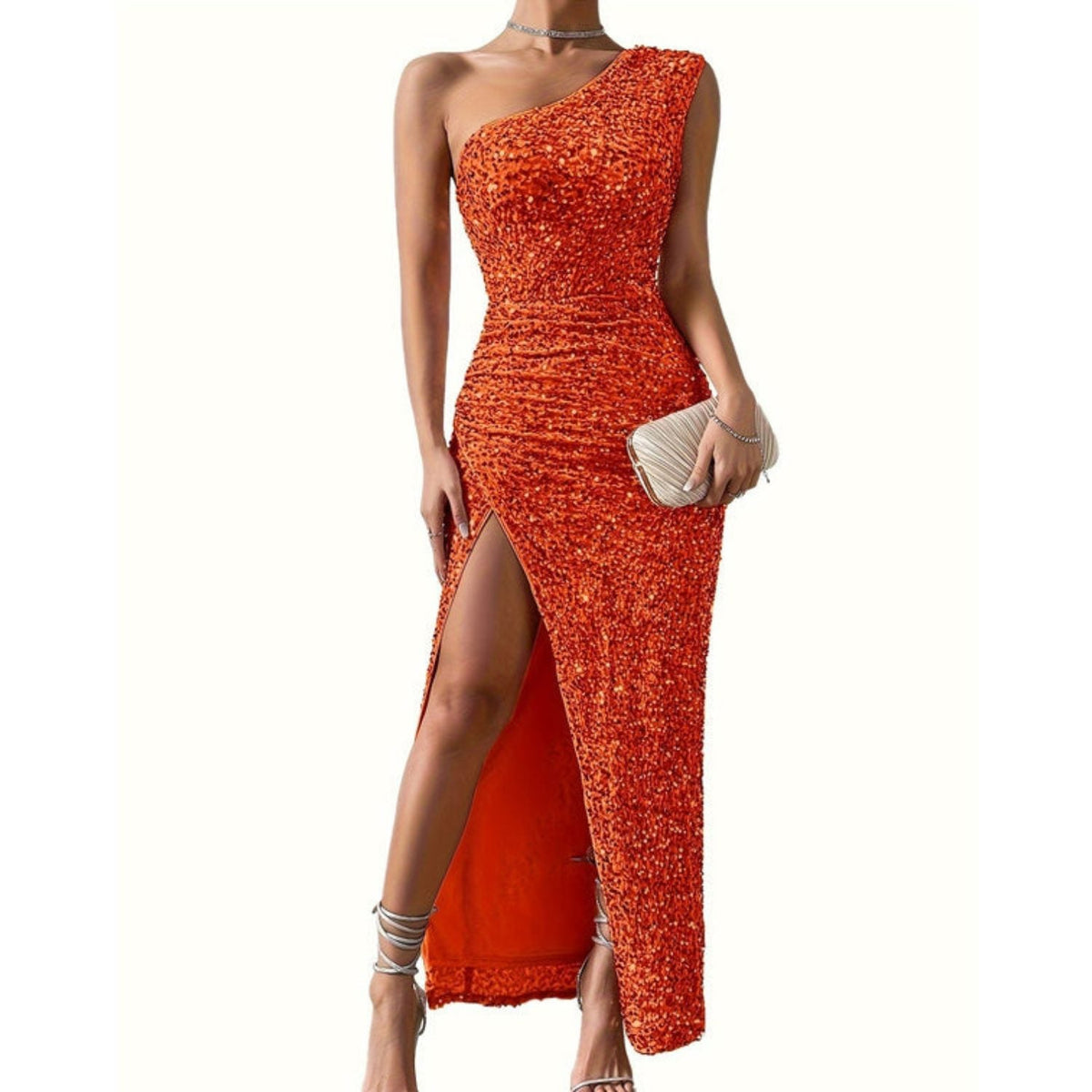 Women's Sparkle Single Strap Maxi Gown with Leg Split - Orange