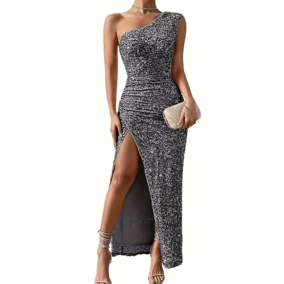 Women's Sparkle Single Strap Maxi Gown with Leg Split - Grey