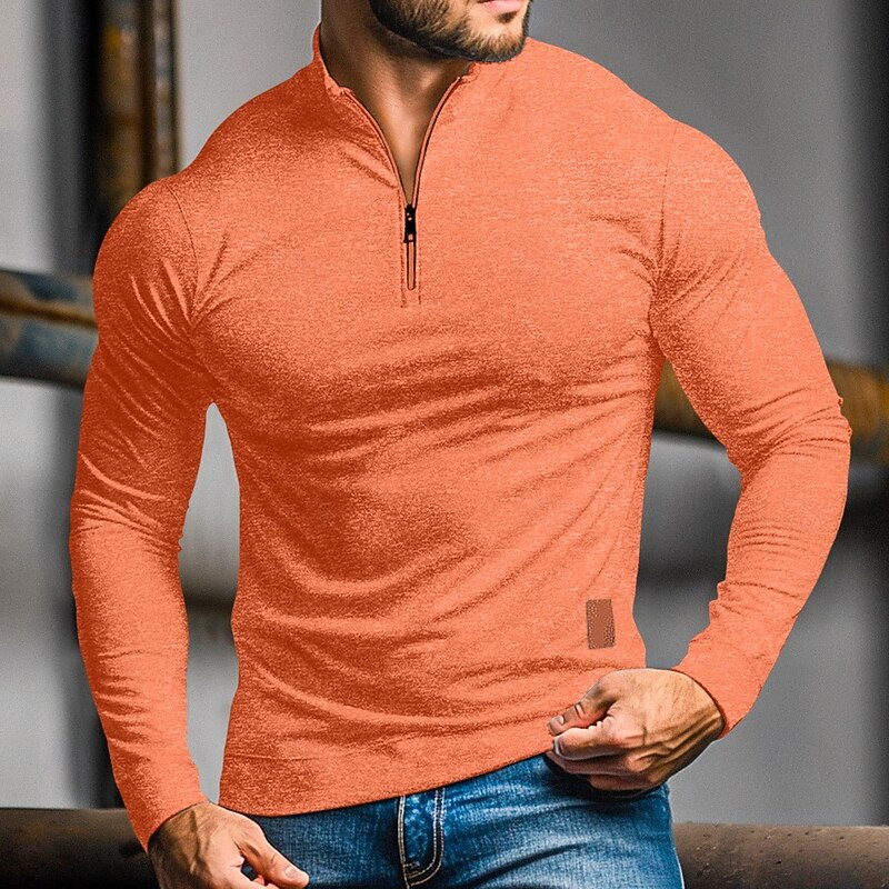 Men's Long Sleeve Zip Collar Polo Top - Orange