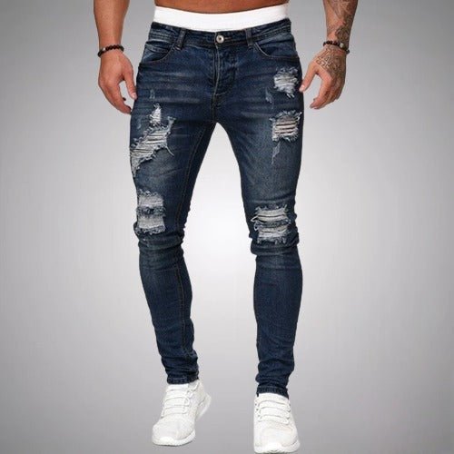 Men's Cotton Blend Ripped Slim Stretch Denim - Navy