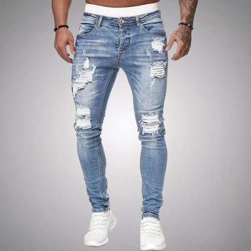 Men's Cotton Blend Ripped Slim Stretch Denim - Sky Blue