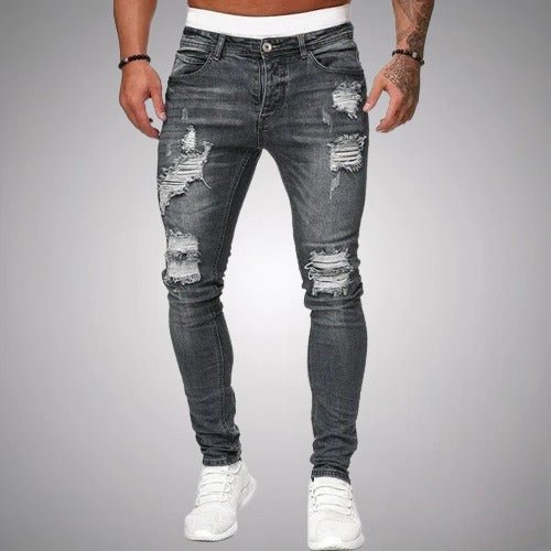 Men's Cotton Blend Ripped Slim Stretch Denim - Grey