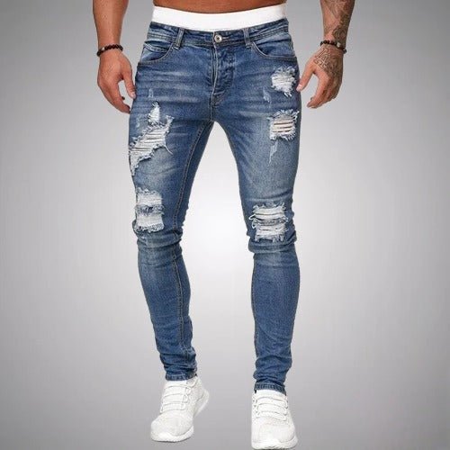 Men's Cotton Blend Ripped Slim Stretch Denim - Blue