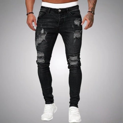 Men's Cotton Blend Ripped Slim Stretch Denim - Black