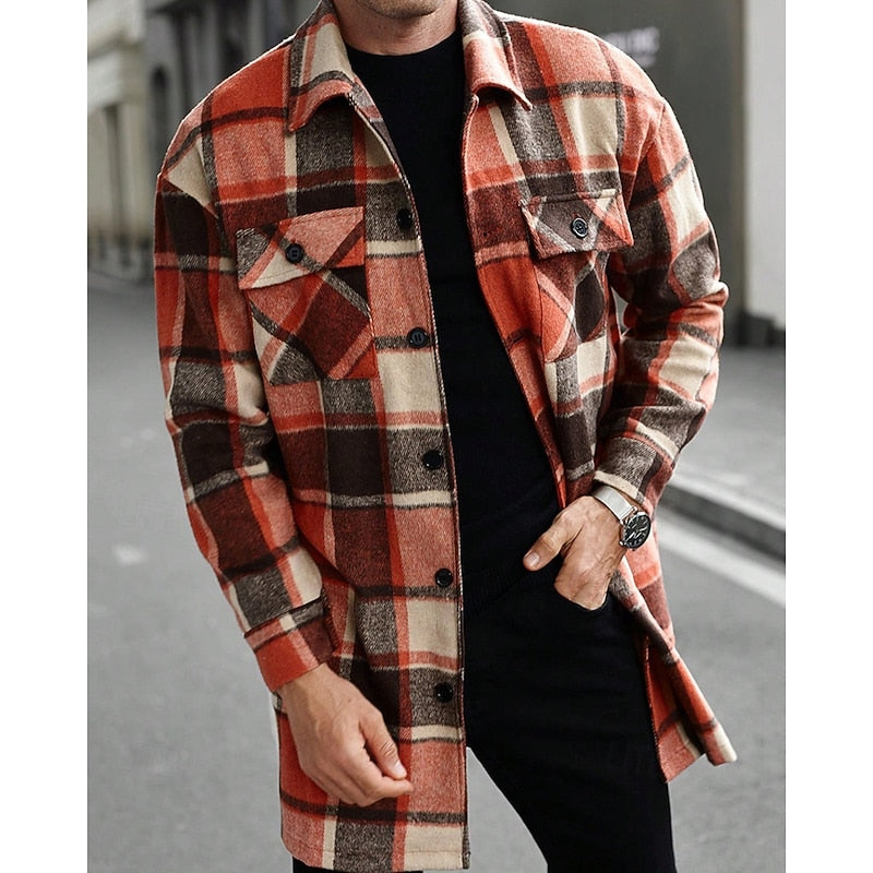 Women's Regular Fit Check Shacket with Lapel Collar - Orange