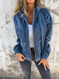 Women's Relaxed Corduroy Zip Jacket With Hood and Patch Pockets - Blue