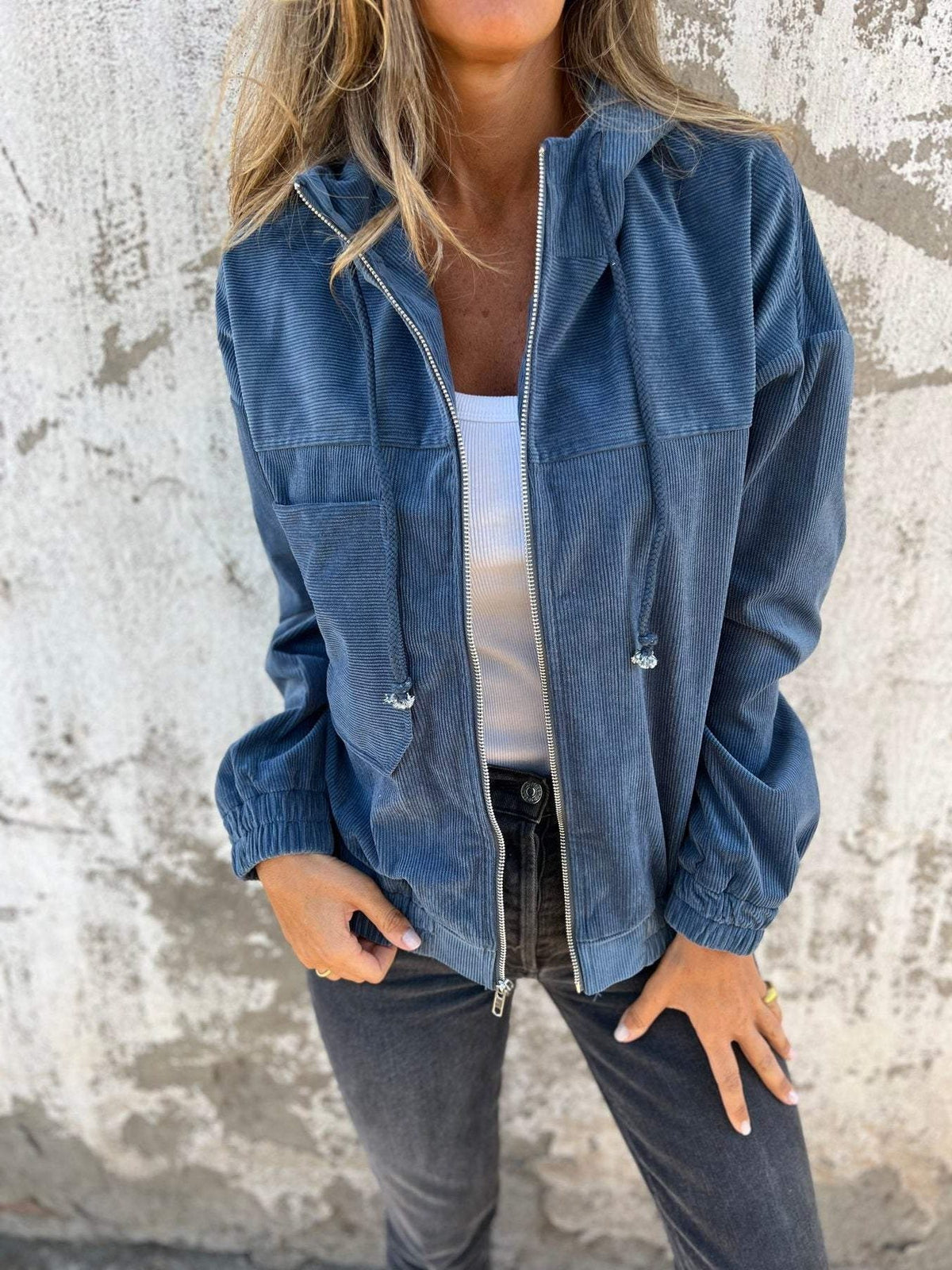 Women's Relaxed Corduroy Zip Jacket With Hood and Patch Pockets - Blue