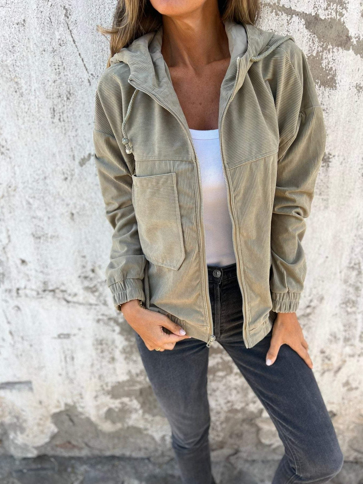 Women's Relaxed Corduroy Zip Jacket With Hood and Patch Pockets - Beige