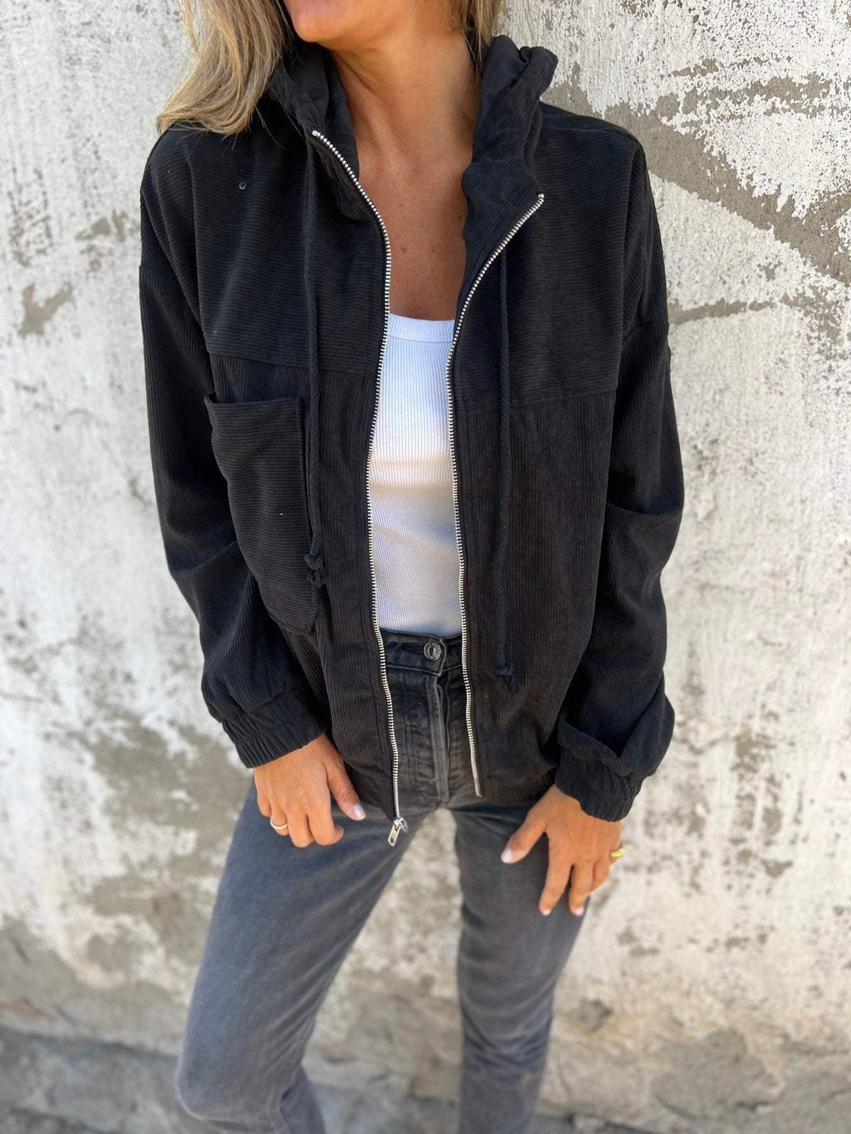 Women's Relaxed Corduroy Zip Jacket With Hood and Patch Pockets - Black