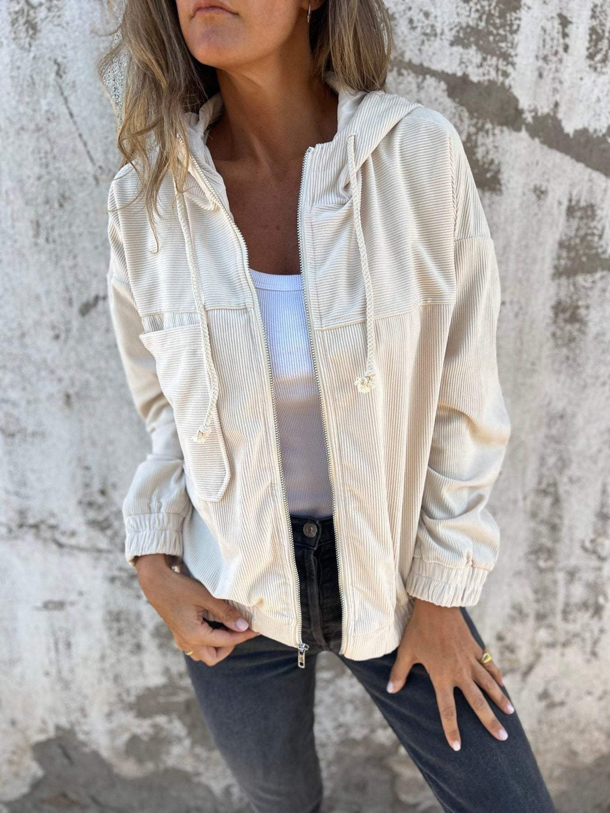 Women's Relaxed Corduroy Zip Jacket With Hood and Patch Pockets - White