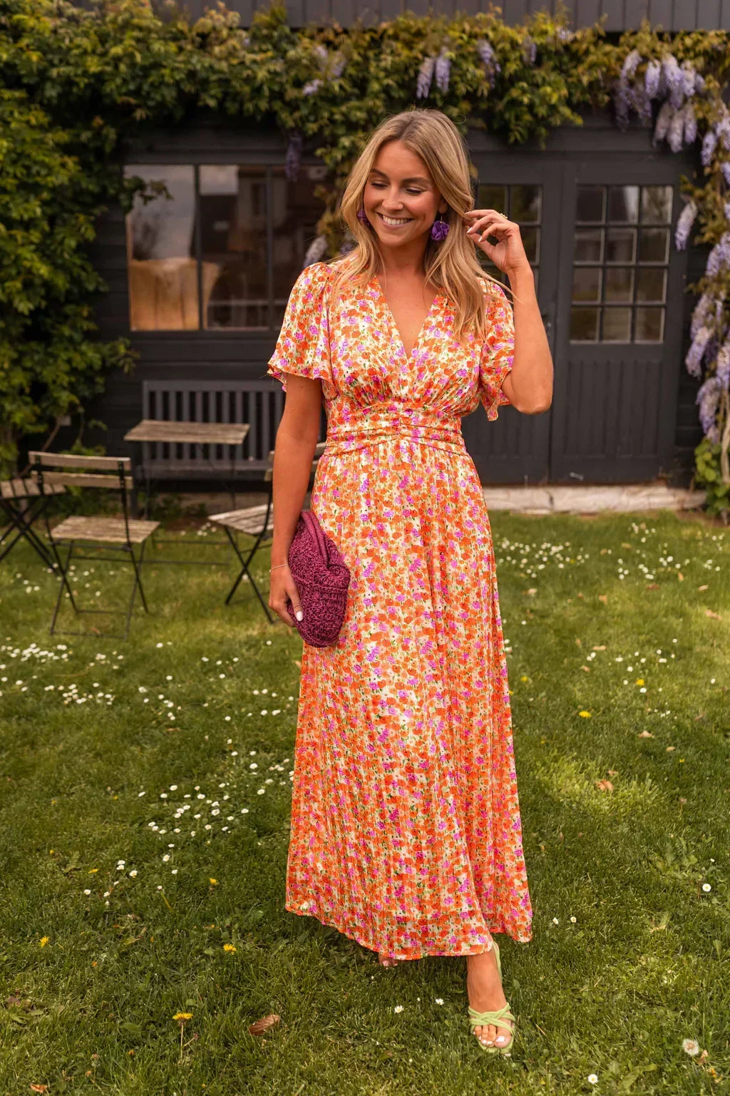 Women's V-Neck Floral Short Sleeve Maxi Dress