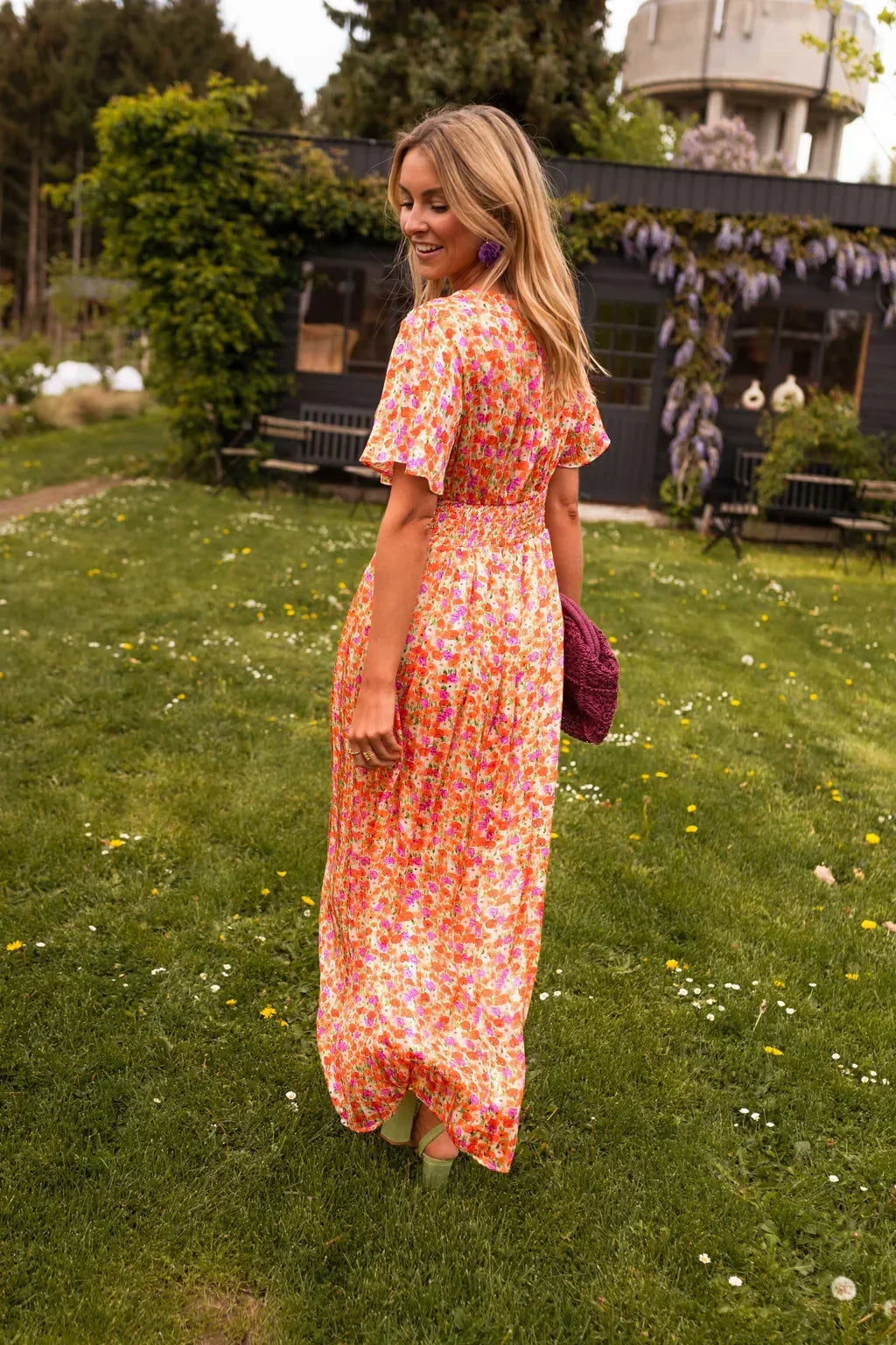 Women's V-Neck Floral Short Sleeve Maxi Dress
