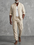 Men's Linen Cargo Set With Mandarin Collar Shirt