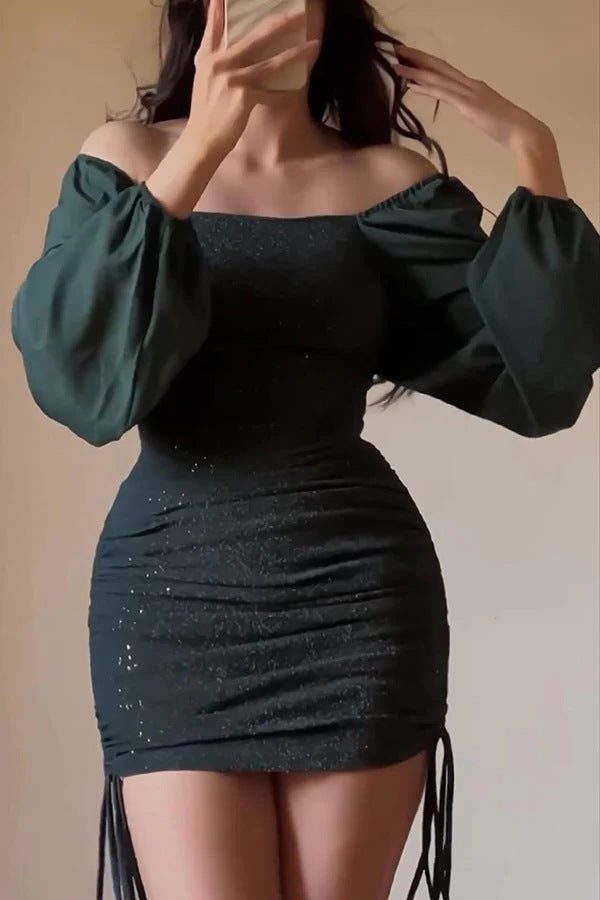 Women's Puff Sleeve Sequin Bodice Party Mini Dress - Olive Green