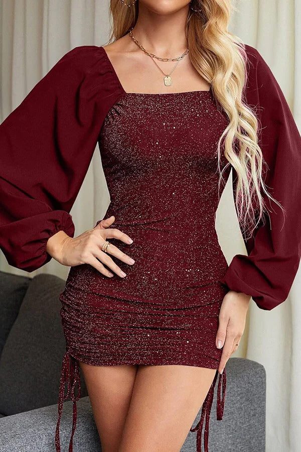 Women's Puff Sleeve Sequin Bodice Party Mini Dress - Wine Red
