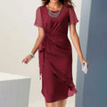 Women's Wrap Style Midi Dress with Frill Skirt - Burgundy